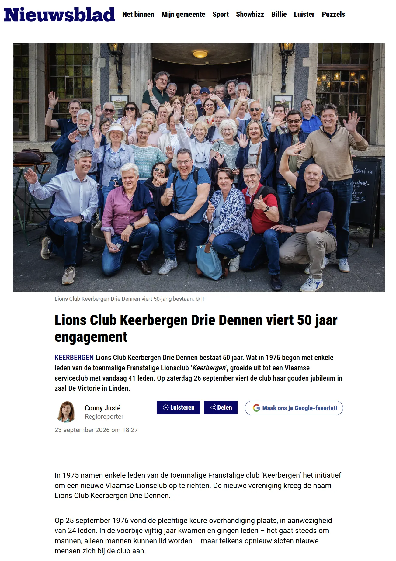 Het artikel in Het Nieuwsblad, met de groepsfoto en de inleiding
