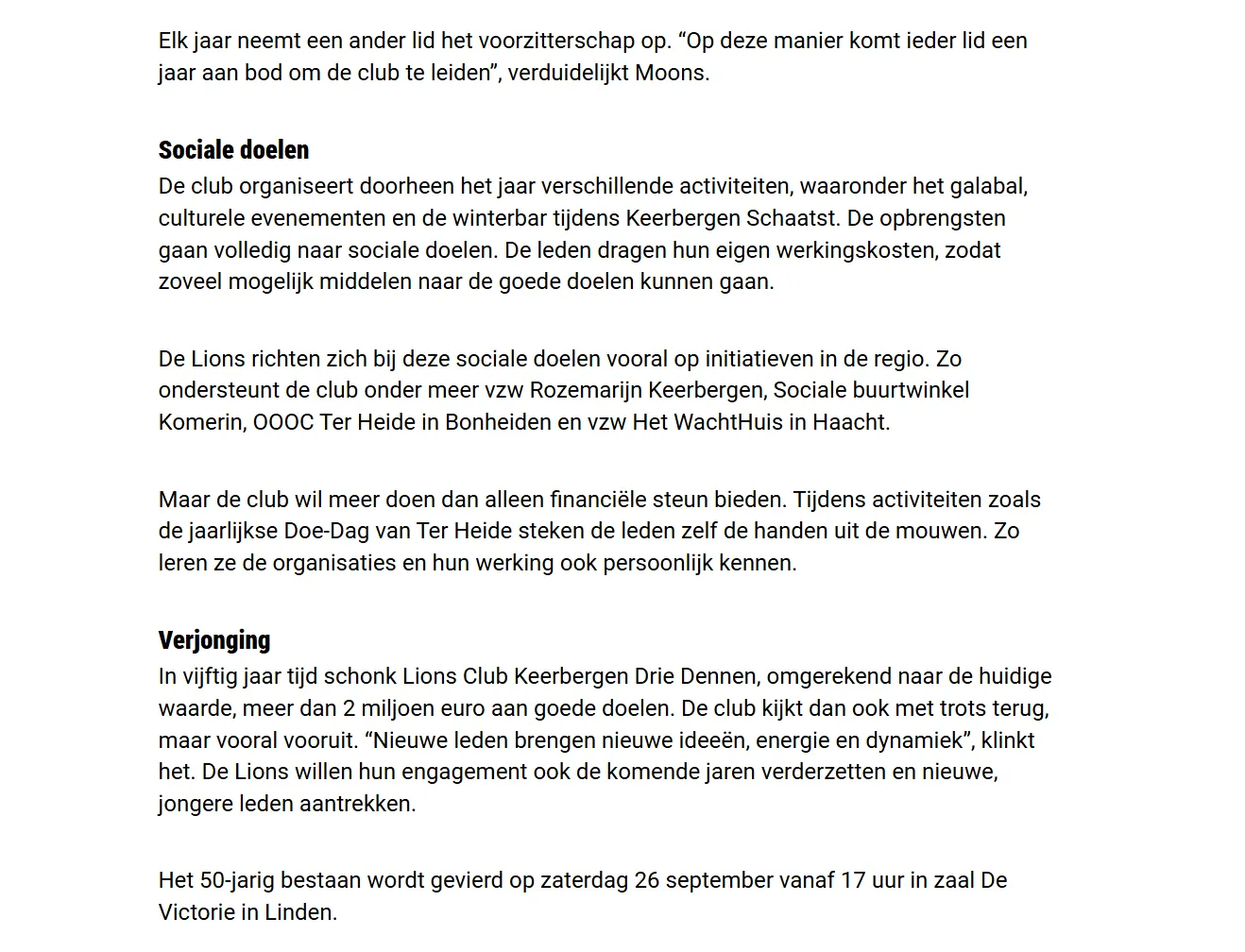 Het vervolg van het artikel, over de sociale doelen en de toekomst van de club