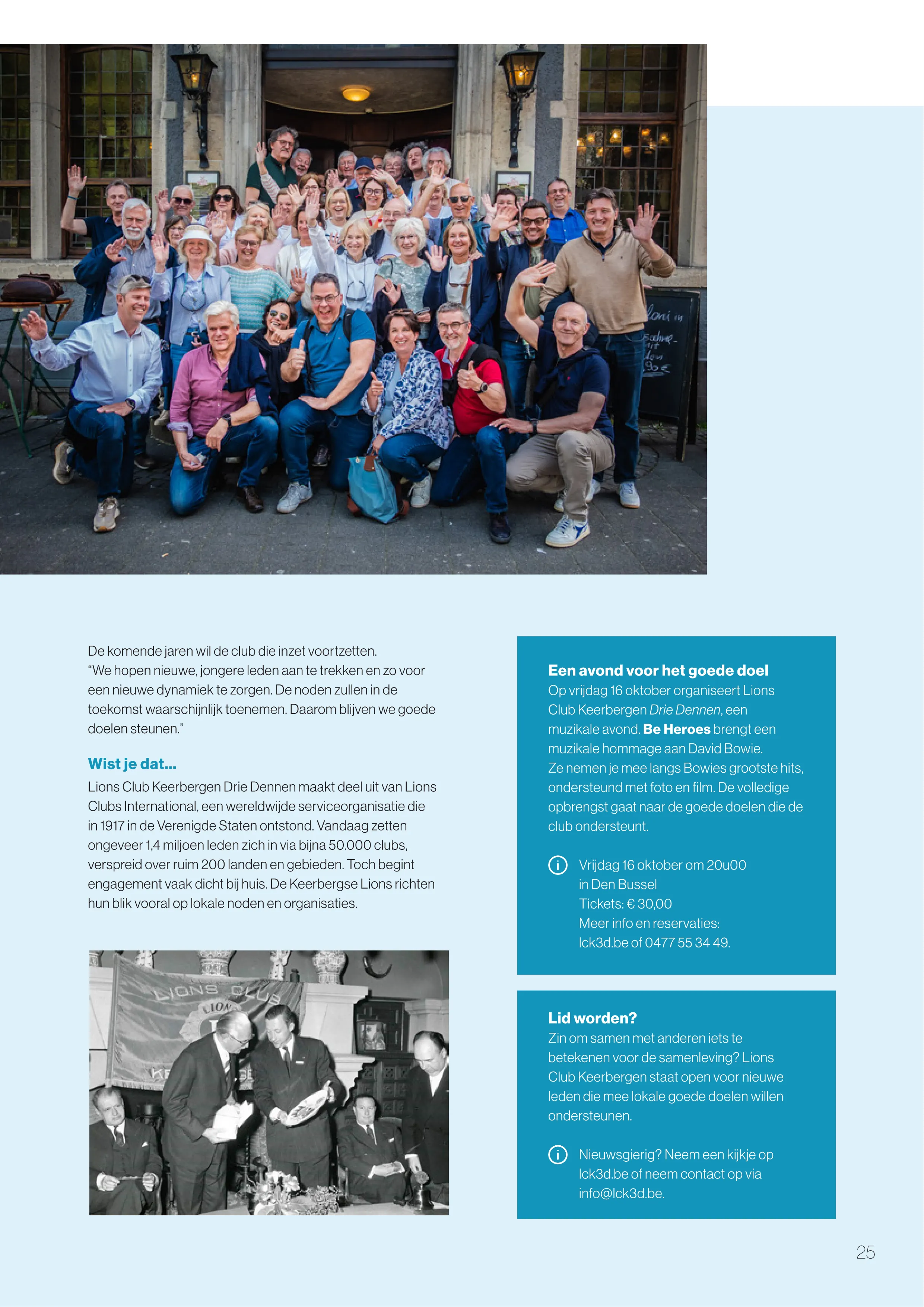 Pagina 25 van Keerinfo herfst 2026: groepsfoto, een historische foto en de aankondiging van BE Heroes