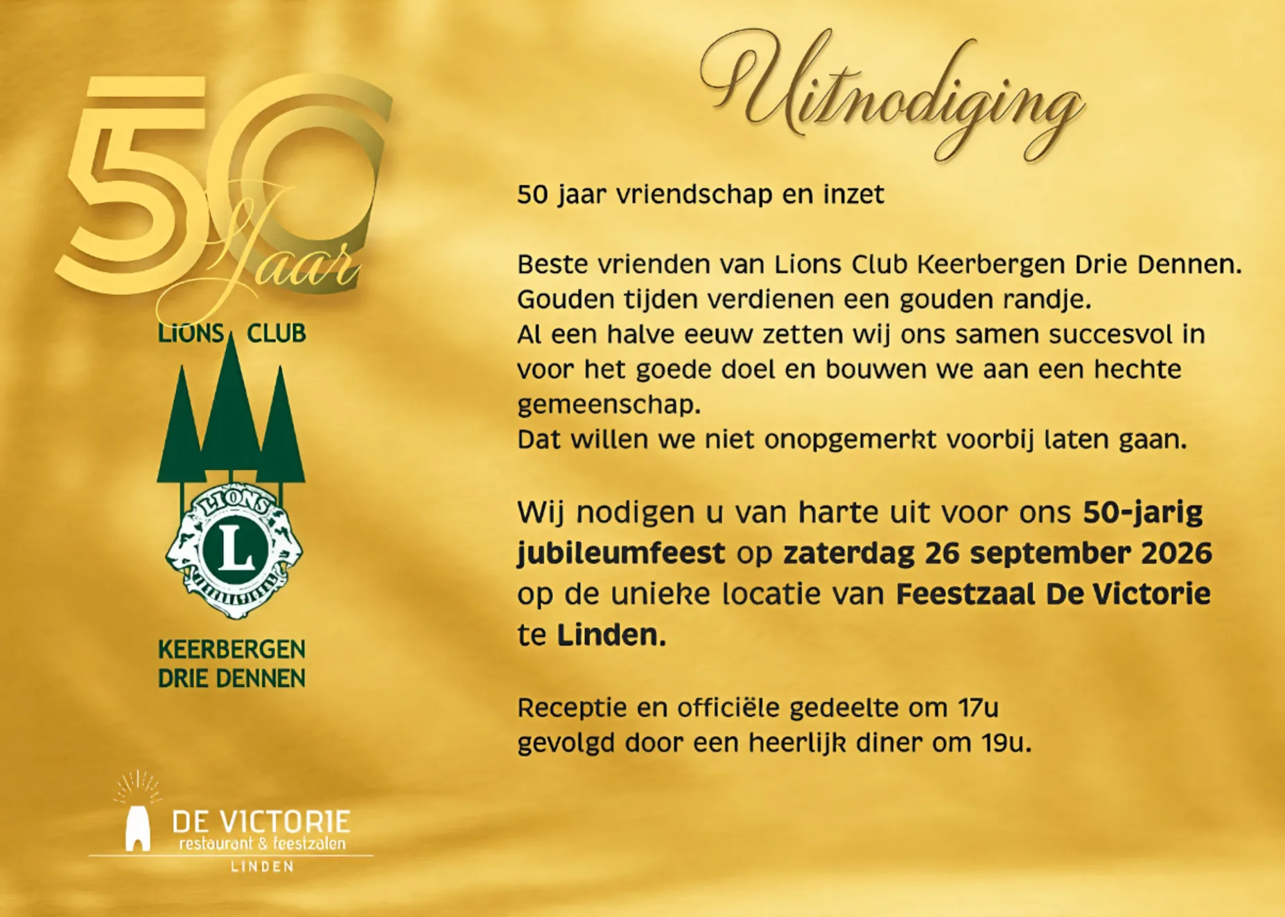 Uitnodiging voor het 50-jarig jubileumfeest op zaterdag 26 september 2026 in Feestzaal De Victorie in Linden